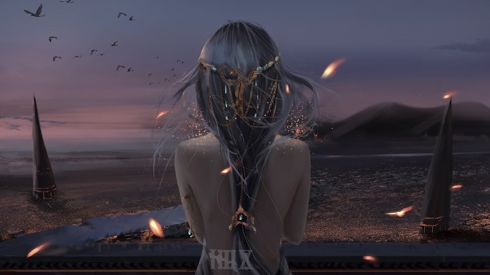 Fantasy girl with ornate hair ornament from behind