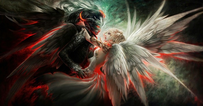 Angel and Demon with Wings Facing Each Other