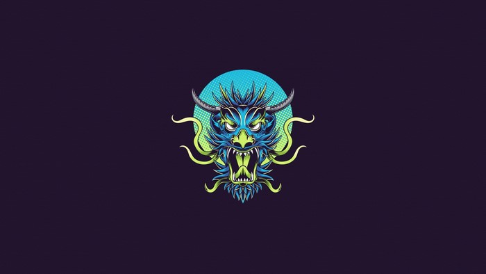 Illustration of a blue and green dragon head