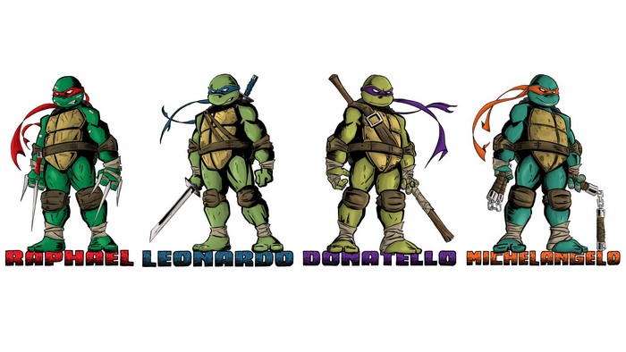 Teenage Mutant Ninja Turtles standing with names
