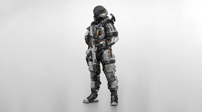 Futuristic astronaut with weapon, science fiction artwork