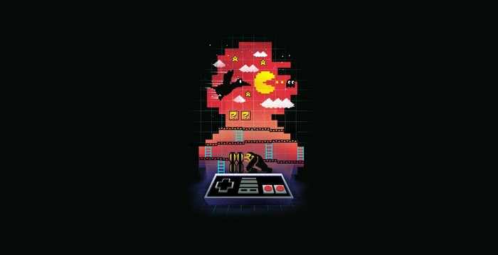 Retro video game art featuring Mario, Pac-Man, and Donkey Kong