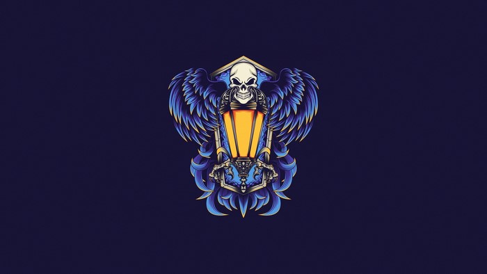 Skull with wings holding a lantern