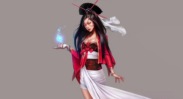 Fantasy art of a woman with dark hair and a red kimono