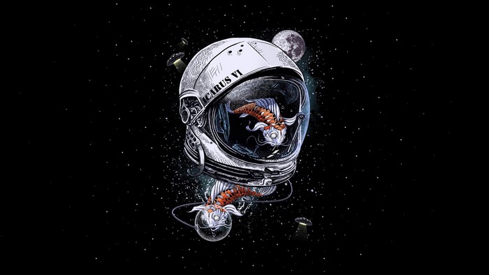 Astronaut helmet with koi fish in space