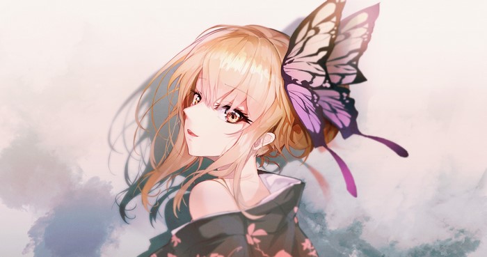 Anime girl with butterfly wings and kimono