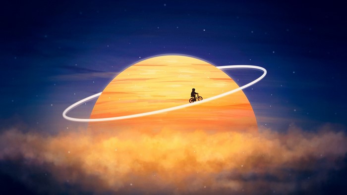 Silhouette of a cyclist on a planet with rings