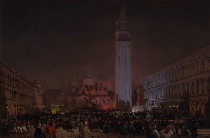 Night scene in Venice with crowd and St Mark's Campanile