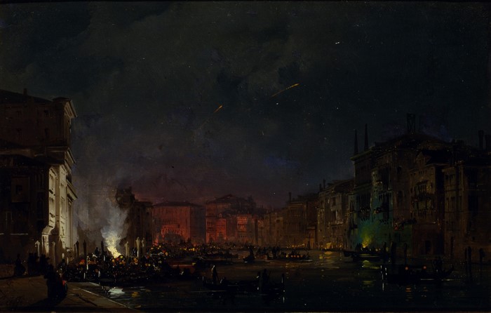 Night scene in Venice with fireworks and gondolas