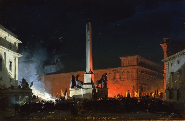 Night scene with obelisk and crowd by Ippolito Caffi