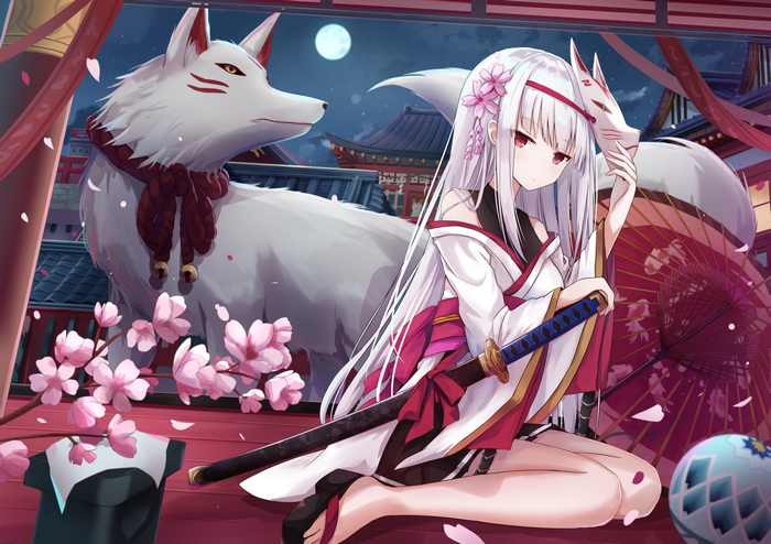 Anime girl with fox mask and spirit fox
