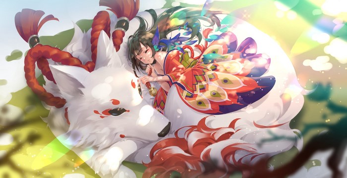 Anime girl sleeping on a white fox with red accents