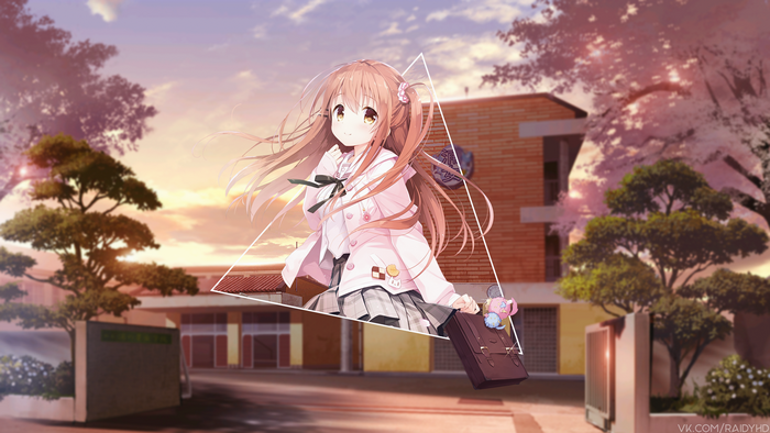 Anime girl with school bag in front of school building