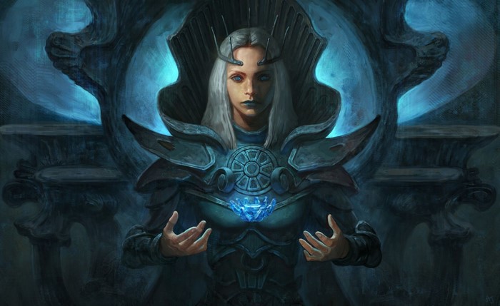 Fantasy art of a woman with white hair and blue eyes