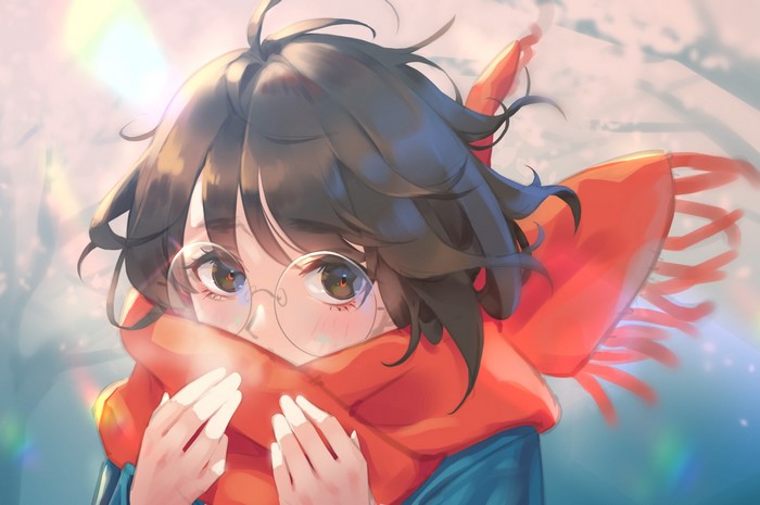 Anime girl with glasses and scarf in the wind