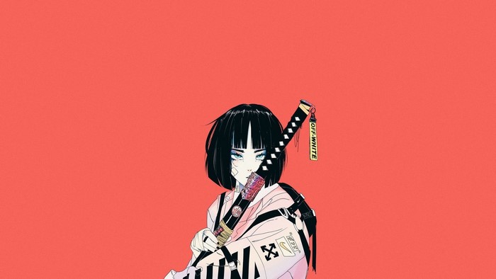 Woman with katana and Off-White tag