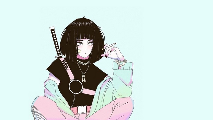 Woman with short black hair smoking a cigarette and holding a katana