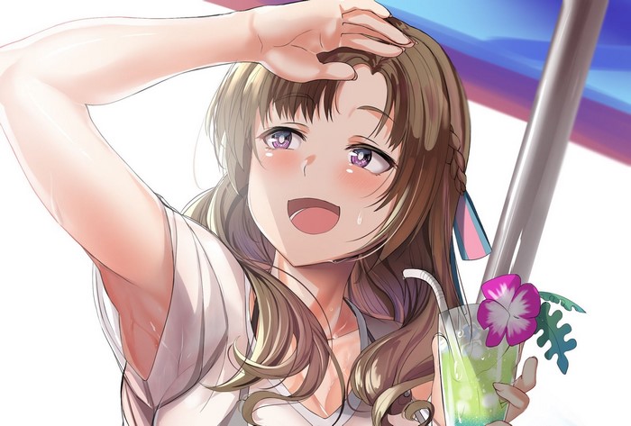 Mamako Oosuki from Okaasan Online holding a drink
