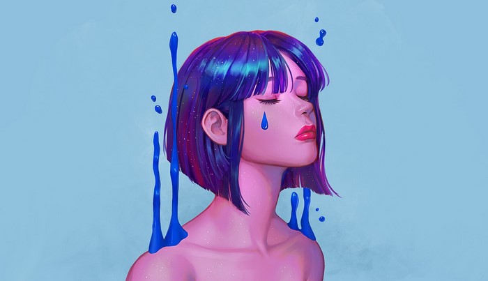Woman with blue hair and pink skin with blue paint drips