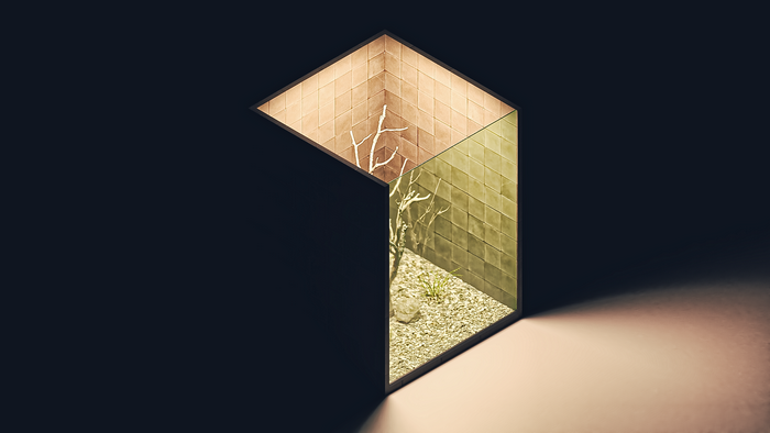 Isometric render of a modern architectural space with a tree