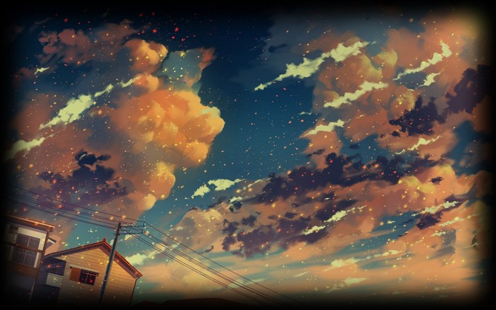 Anime sky with clouds and houses