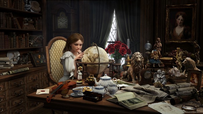 Girl with globe in a study