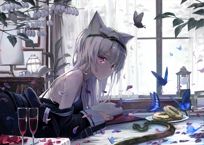 Cat girl with butterflies and snake
