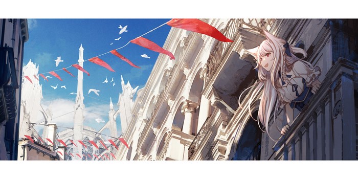 Anime girl with cat ears looking from a balcony
