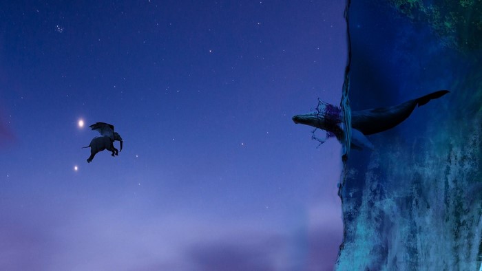 Fantasy art of a winged elephant and a whale in the night sky