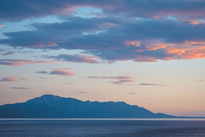 Island mountains at sunset over the Mediterranean Sea