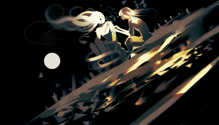 Two women in abstract digital art with a moon