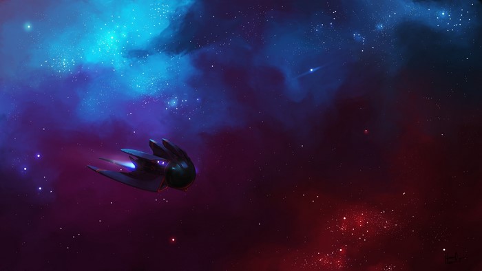 Spaceship traveling through a colorful nebula in space