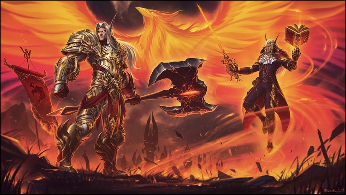 Two elves with weapons and a phoenix in World of Warcraft