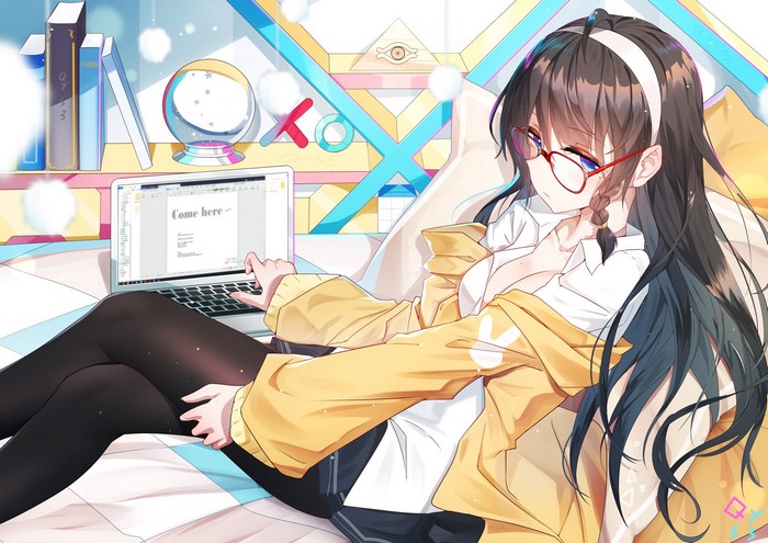 Anime girl with glasses working on a laptop