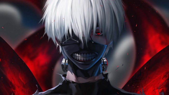 Ken Kaneki from Tokyo Ghoul with red eyes and mask