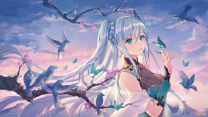 Anime girl with white hair and blue birds and butterflies