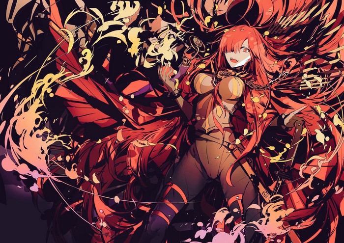 Anime girl with long red hair and red eyes