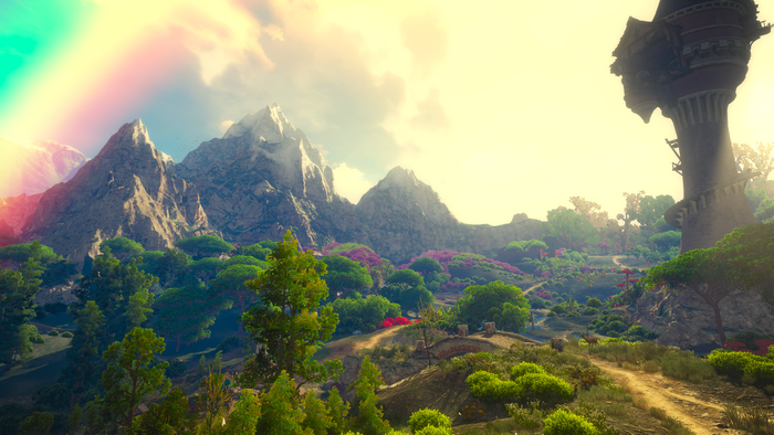 The Witcher 3: Wild Hunt landscape with mountains and tower