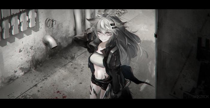 Lappland from Arknights in a gritty urban environment