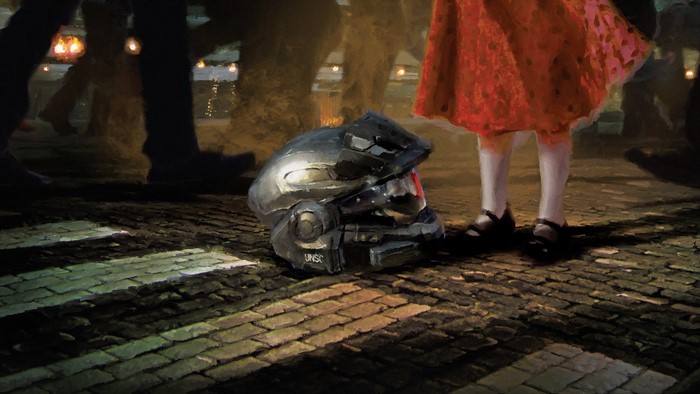 Halo UNSC helmet on a cobblestone street