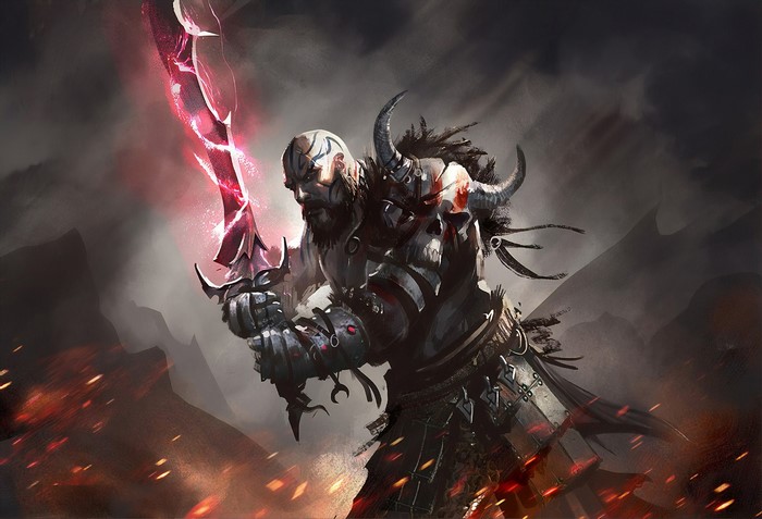 Fantasy warrior with glowing sword and skull armor