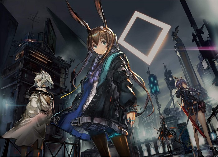 Anime girls from Arknights in a city