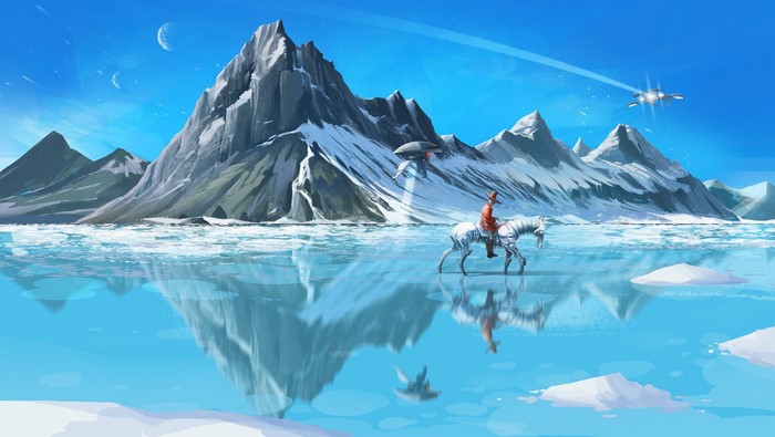 Man on horse with futuristic vehicles and snowy mountains