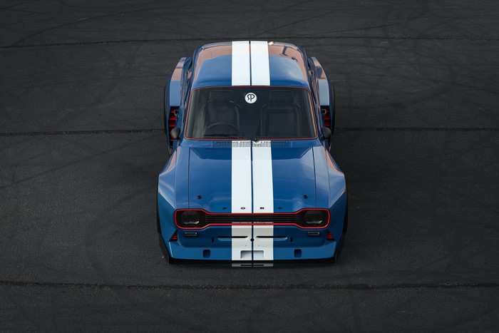 Blue Ford Escort Mk1 with white racing stripes
