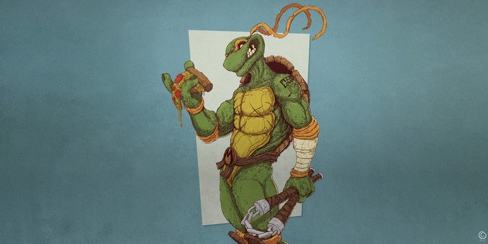 Michelangelo from Teenage Mutant Ninja Turtles eating pizza