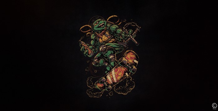 Michelangelo from Teenage Mutant Ninja Turtles on a skateboard