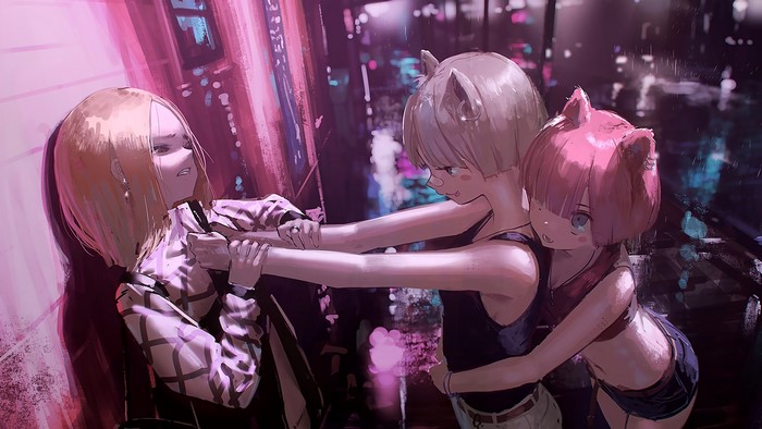 Anime girls with cat ears in a neon-lit alley
