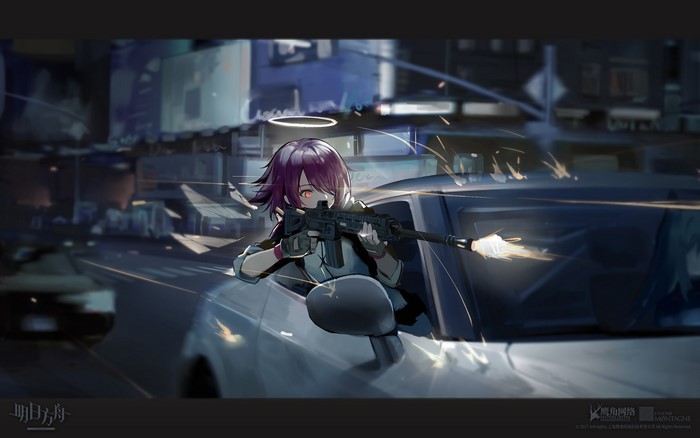 Exusiai from Arknights shooting from a car