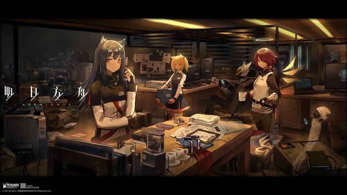 Arknights characters in an office setting