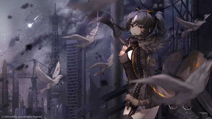 Soul Worker Anime Girl with Black Hair in Cityscape